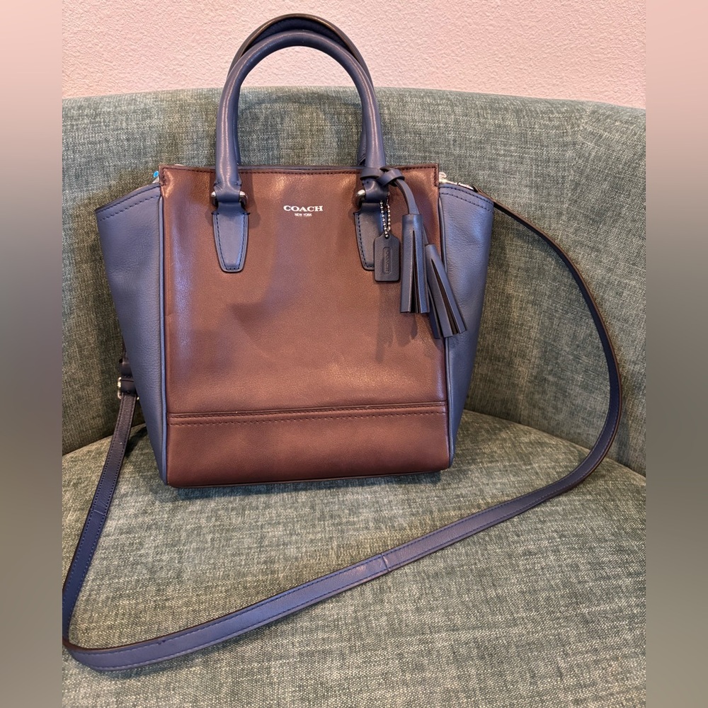 Coach Legacy Mini Tanner - leather tote with crossbody strap, navy and brown